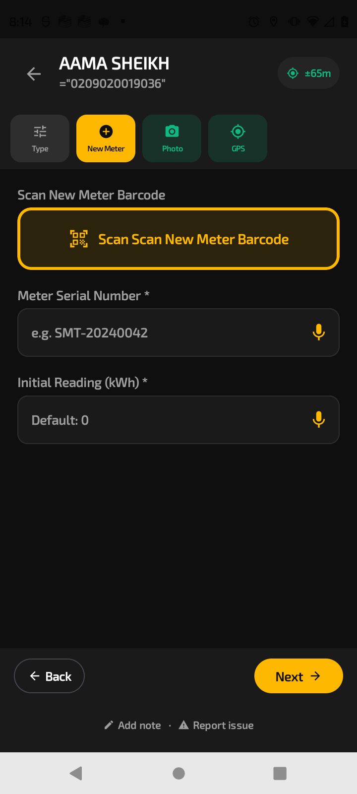 Scout new-meter capture — barcode scan and serial number